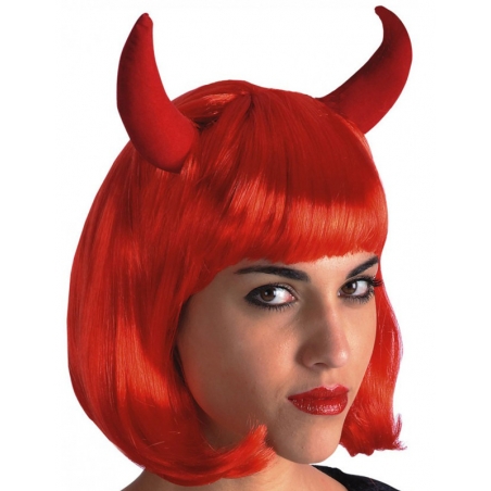Perruque de diablesse, coupe carrée de couleur rouge avec cornes de diable