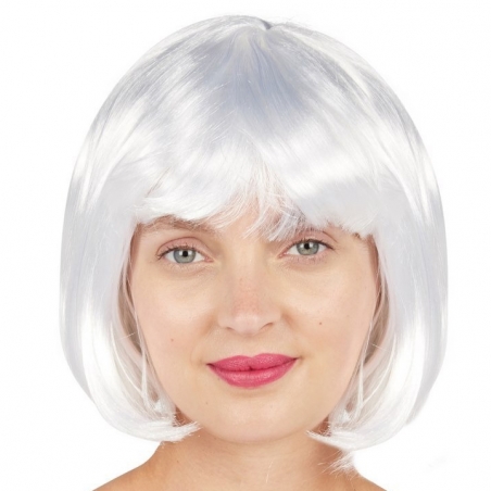perruque blanche coupe carré avec frange idéale pour se déguiser pour Halloween, Noël et Carnaval