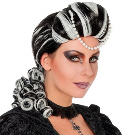 Perruque renaissance luxe pour femme, cheveux noirs et blancs avec perles