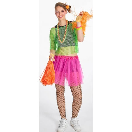 Tenue années 80 avec le fishnet vert fluo façon pompom girl