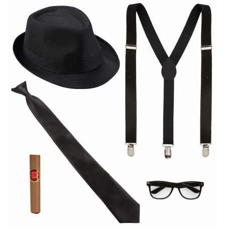 Gangster set : borsalino, bretelles, cravate, lunettes, cigare